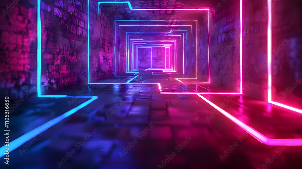 Neon Lights Illuminate a Brick Tunnel, Creating a Futuristic, Abstract 3D Background Neon Lights Illuminate a Brick Tunnel, Creating a Futuristic, Abstract 3D Background