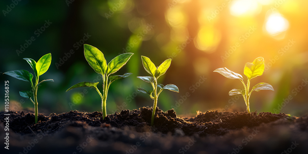 Young Green Sprouts Growing in Soil at Sunset Young Green Sprouts Growing in Soil at Sunset