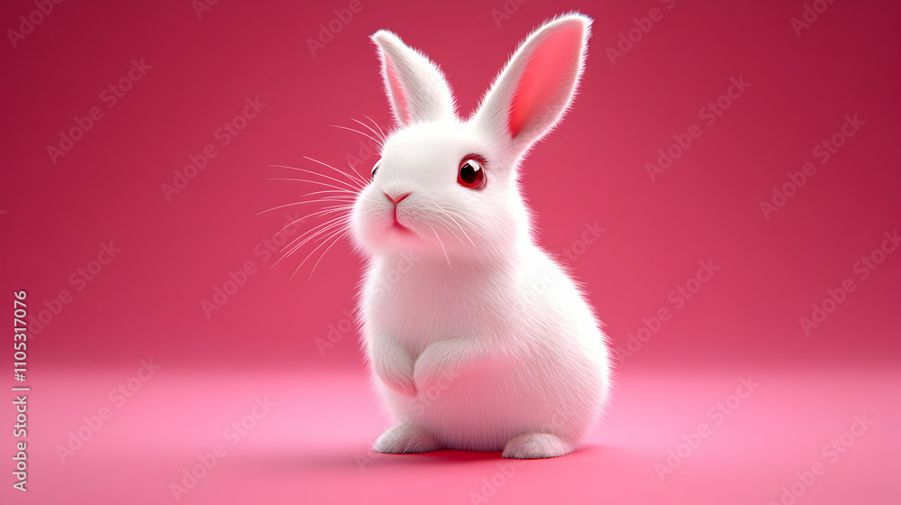 A 3D Render of a Cute White Rabbit with Pink Ears Sitting on a Pink Background A 3D Render of a Cute White Rabbit with Pink Ears Sitting on a Pink Background