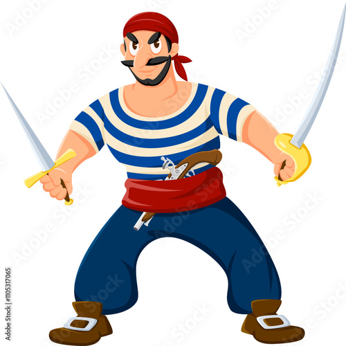 Cartoon pirate, filibuster sailor cheerful character. Caribbean pirate crew sailor isolated vector mascot, filibuster boatswain cute personage or corsair captain armed with pistol, sabre and dagger