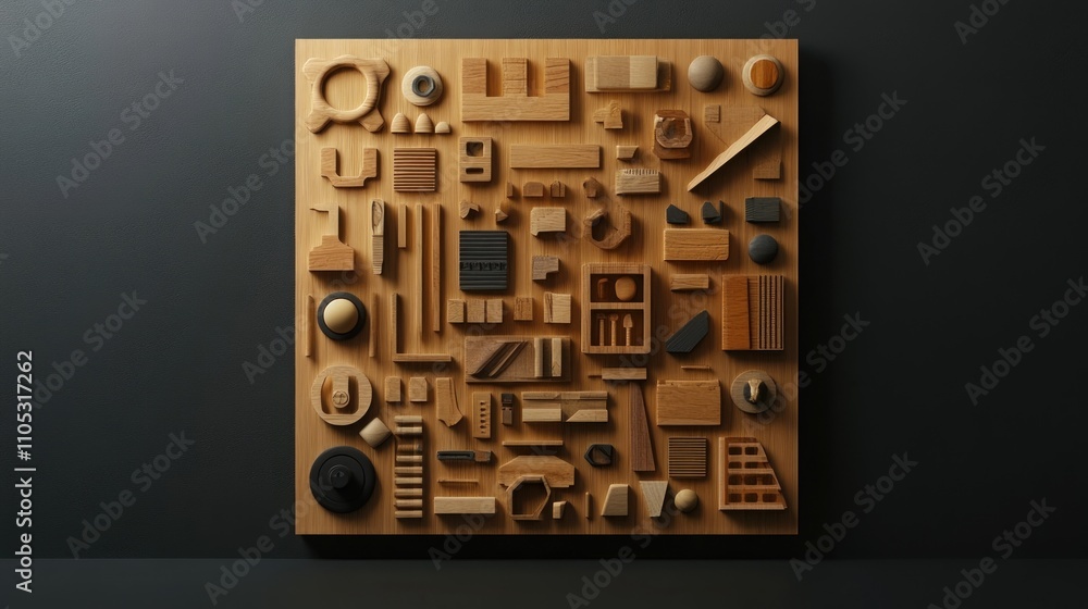 Wooden Geometric Shapes Arranged On A Panel Wooden Geometric Shapes Arranged On A Panel
