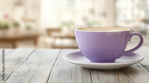 Purple coffee mug with hot cappuccino on rustic table, cozy cafe atmosphere with copy space.