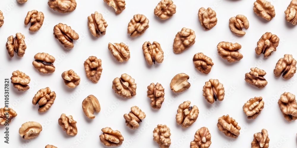 A multitude of walnut seeds displayed, showcasing isolated nuts on a clean white background, offering a top view perspective of these delicious walnut seeds. Ideal for culinary themes. A multitude of walnut seeds displayed, showcasing isolated nuts on a clean white background, offering a top view perspective of these delicious walnut seeds. Ideal for culinary themes.