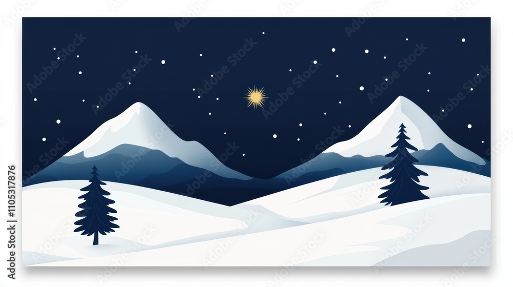 Obraz premium Winter landscape illustration with mountains and lone tree