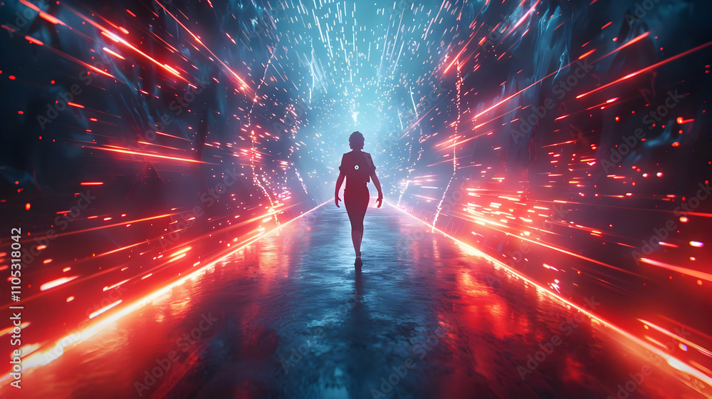 Digital Woman Walks Through Neon Light Tunnel, Futuristic Sci-Fi Artwork Digital Woman Walks Through Neon Light Tunnel, Futuristic Sci-Fi Artwork
