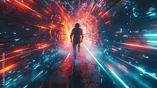 Cyberpunk Figure Walks Through a Neon-Lit Digital Tunnel, Futuristic Sci-Fi Artwork