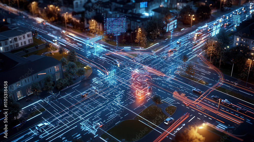 vibrant city intersection with autonomous cars and digital overlays, showcasing advanced technology and urban life. scene captures dynamic flow of traffic illuminated by city lights vibrant city intersection with autonomous cars and digital overlays, showcasing advanced technology and urban life. scene captures dynamic flow of traffic illuminated by city lights