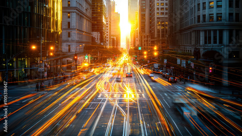 vibrant city intersection with autonomous cars and glowing lights creates dynamic urban scene at sunset. warm hues reflect energy of city life