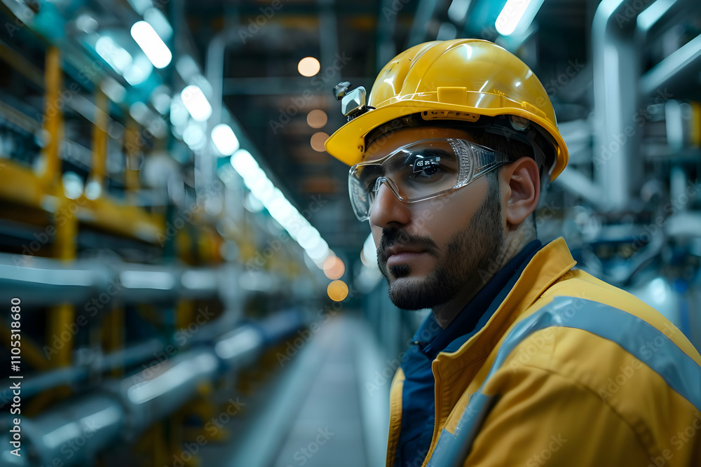 Industrial Worker Wearing Safety Gear in a Factory Setting Industrial Worker Wearing Safety Gear in a Factory Setting