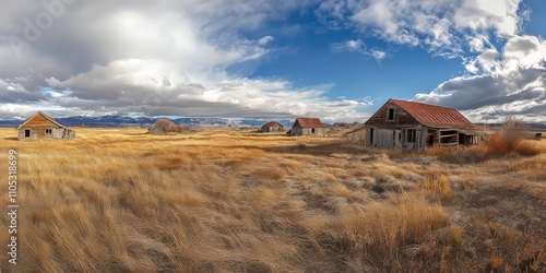 Abandoned Farm Mining Camp Panorama A sweeping view showcases the remnants of an old farm or mining camp, featuring empty buildings that tell the story of this deserted community.