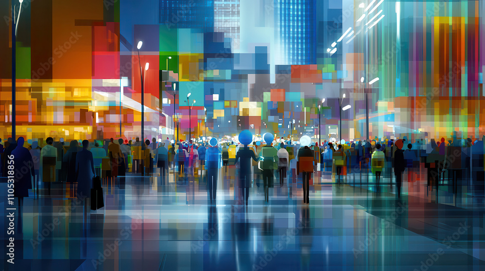 vibrant urban scene filled with colorful abstract shapes and figures, depicting lively crowd in modern city at night. atmosphere is energetic and dynamic vibrant urban scene filled with colorful abstract shapes and figures, depicting lively crowd in modern city at night. atmosphere is energetic and dynamic