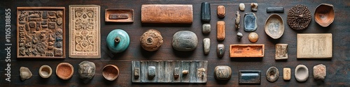 Assorted vintage artifacts on dark wooden background.