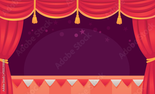 Theater stage background. Cartoon scene with red curtains