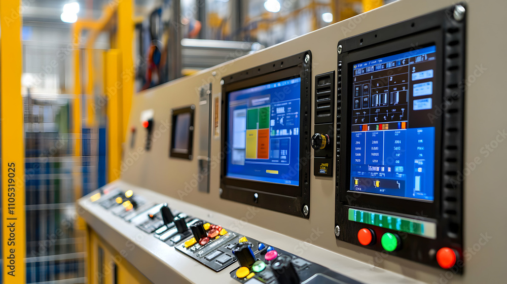 Industrial Control Panel with Multiple Screens and Buttons in a Factory Setting Industrial Control Panel with Multiple Screens and Buttons in a Factory Setting