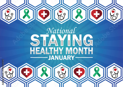 National Staying Healthy Month January wallpaper with shapes and typography, banner, card, poster, template. National Staying Healthy Month January, Modern background
