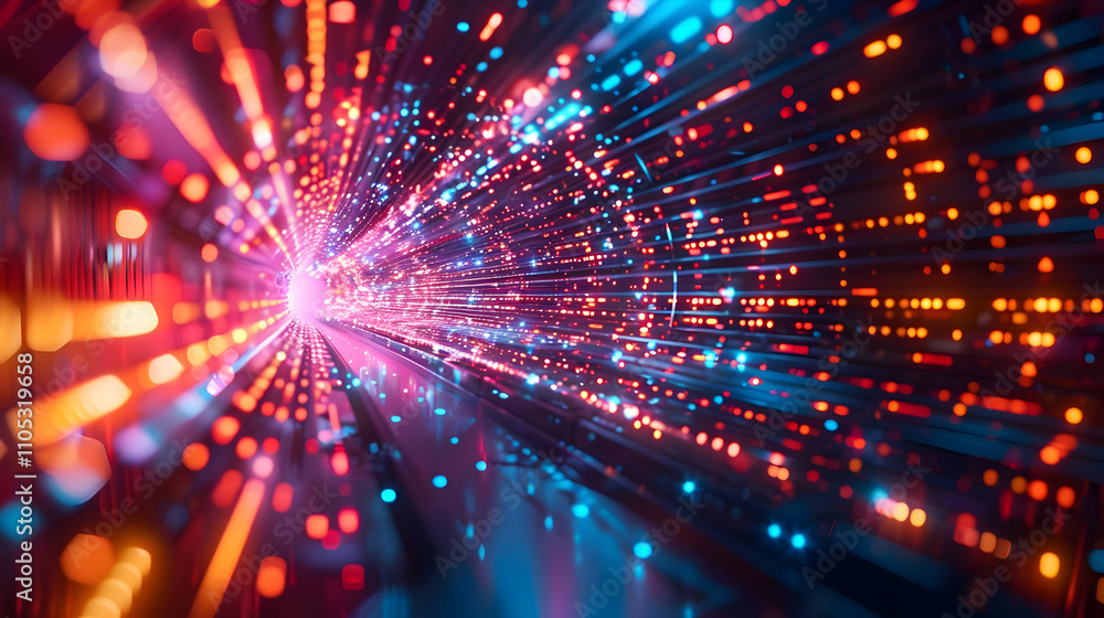 Abstract 3D Digital Tunnel of Vivid Lights, Red, Blue and Orange Glowing Particles Streaming Through a Cybernetic Corridor, Futuristic Technology Background Abstract 3D Digital Tunnel of Vivid Lights, Red, Blue and Orange Glowing Particles Streaming Through a Cybernetic Corridor, Futuristic Technology Background