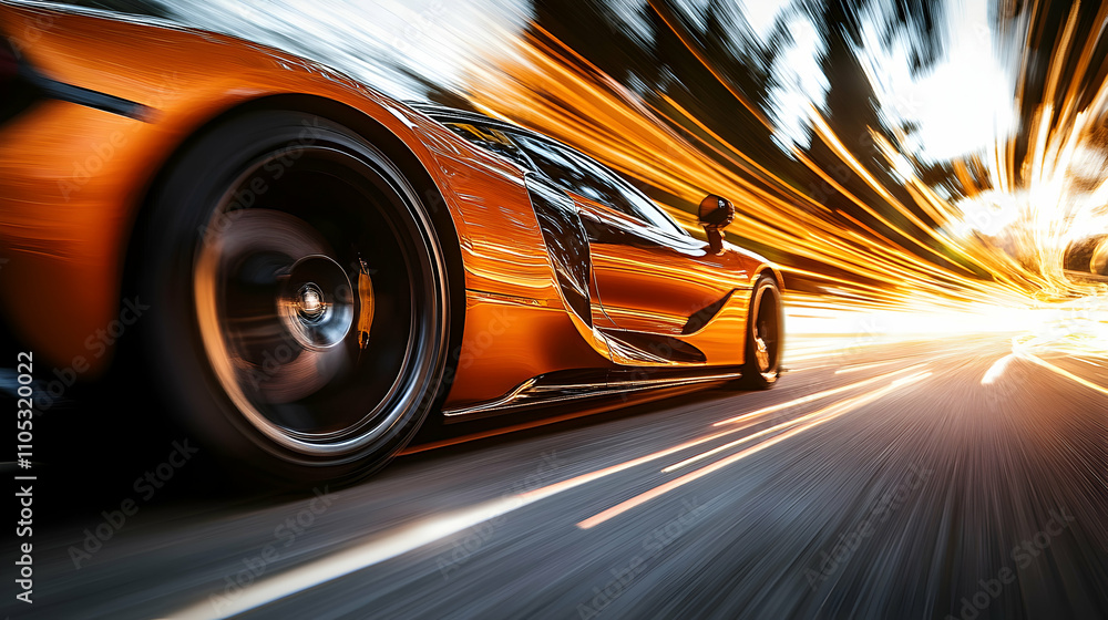 Fototapeta premium A Bright Orange Sports Car Races Through a Tunnel of Light, Blurred Motion Effect Creates a Dynamic and Energetic Scene, Highlighting the Speed and Power of the Vehicle