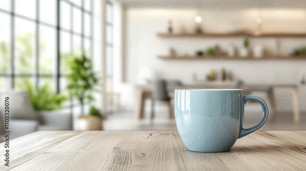 Blue Coffee Mug on Rustic Wooden Table, Blurred Living Room Interior Background with Large Windows Blue Coffee Mug on Rustic Wooden Table, Blurred Living Room Interior Background with Large Windows