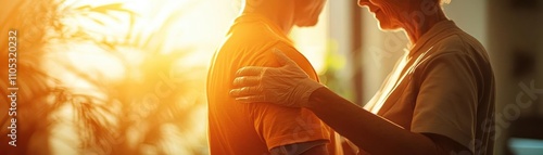 Patient exercising with physical therapist, postinjury, warm lighting photo