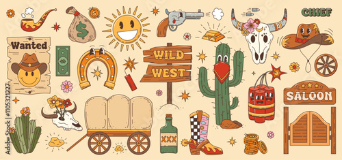 Wild West Western groovy characters and items. Cartoon funny cowboy hat, boots and Texas sheriff gun, bull skull, cactus and sun personages. Retro groovy saloon door, wanted poster and dynamite sticks