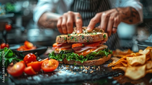 Fototapeta Naklejka Na Ścianę i Meble -  Chef Assembling a Club Sandwich in a Professional Kitchen, Food Preparation and Culinary Expertise Generative AI