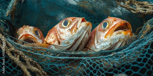 Dead fish caught in the net aboard a fishing trawler, highlighting the challenges faced in fishing practices and the impact on marine life. The dead fish illustrates the fishing industry s effects. photo