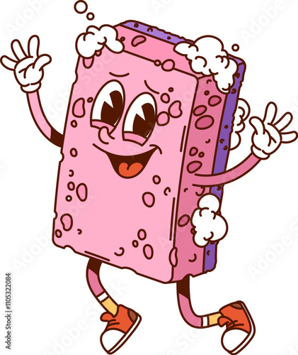 Groovy sponge cleaning, washing and household cartoon character with amusing expression and foam pieces on its pink body. Isolated vector housekeeping tool personage showing retro vibe and excitement