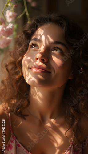 Inspirational portrait dedicated to International Women's Day, confident young woman looking up, natural light highlighting her features, delicate floral elements in the background