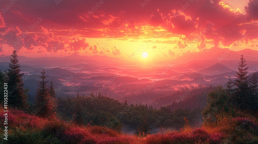 Panoramic view of sunset over rolling hills with golden light Panoramic view of sunset over rolling hills with golden light