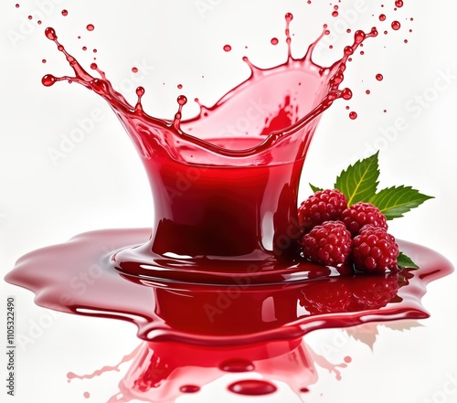 Red berry juice splashes into puddle. Fresh raspberries sit on spill. Vibrant red liquid flows, reflects. Delicious, healthy drink. Isolated on white background. Perfect for food beverage photo