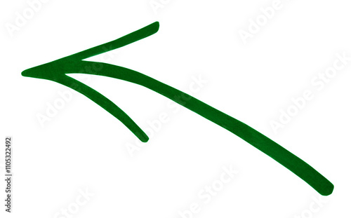 Curved green arrow drawn with a marker close-up and isolated on a white background