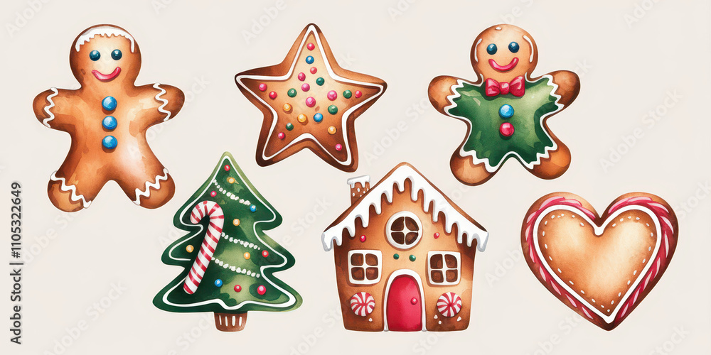 Fototapeta premium Gingerbread Christmas Cookies: A festive collection of gingerbread cookies, perfect for your Christmas baking and holiday design projects, featuring a gingerbread man, star, tree, house, and heart.