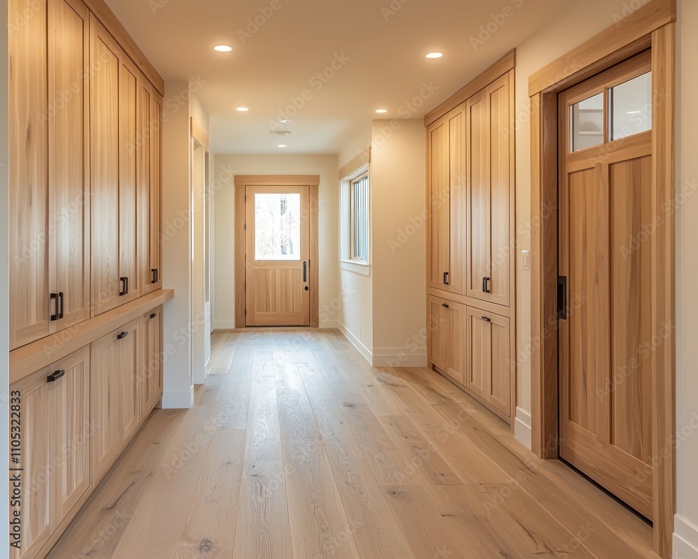Bright hallway with light wood floors, built-in cabinets, and wooden door entry. Bright hallway with light wood floors, built-in cabinets, and wooden door entry.