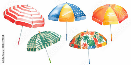 Watercolor Beach Umbrella Collection:  A vibrant set of five watercolor beach umbrellas, showcasing various patterns and colors. Perfect for summer-themed designs, invitations, and more.  