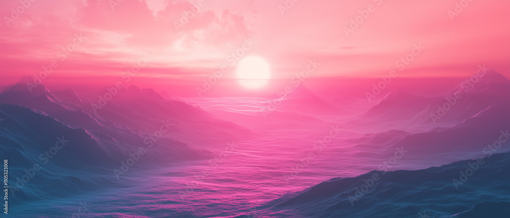 Serene view of pink sunset over misty mountains, with soft light and dreamy pastel hues creating tranquil atmosphere Serene view of pink sunset over misty mountains, with soft light and dreamy pastel hues creating tranquil atmosphere