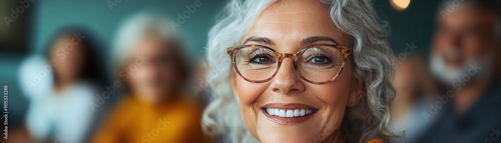 Senior person smiling in therapy group, supportive community Senior person smiling in therapy group, supportive community