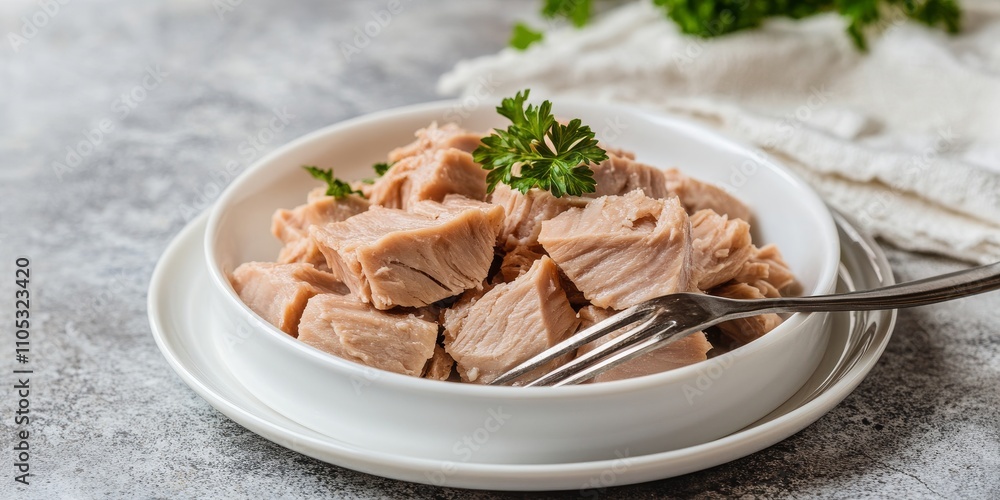 Canned tuna fillet pieces arranged on a white saucer with a fork, showcased over a marble table. This canned tuna serves as a low calorie ingredient for healthy eating and dieting, offering a tasty Canned tuna fillet pieces arranged on a white saucer with a fork, showcased over a marble table. This canned tuna serves as a low calorie ingredient for healthy eating and dieting, offering a tasty