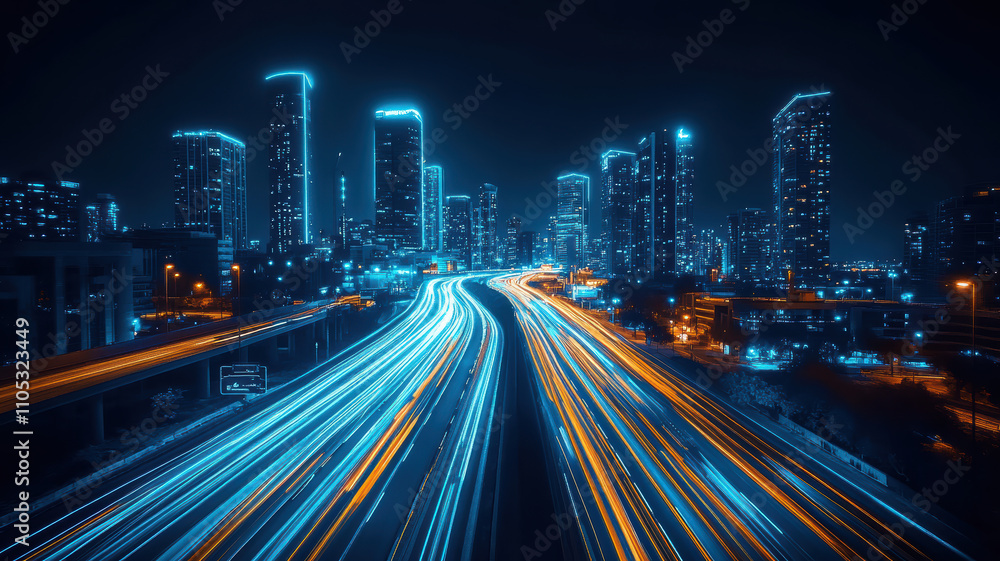 Urban skyline and bustling streets below Urban skyline and bustling streets below