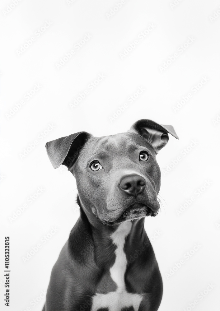 Black and white portrait of curious pit bull, clean white background emphasizing facial expression and detailed features Black and white portrait of curious pit bull, clean white background emphasizing facial expression and detailed features