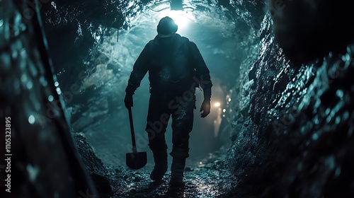 A miner holding a pickaxe, blurred underground rock walls and dim lanterns casting faint light, Blue collar job photo