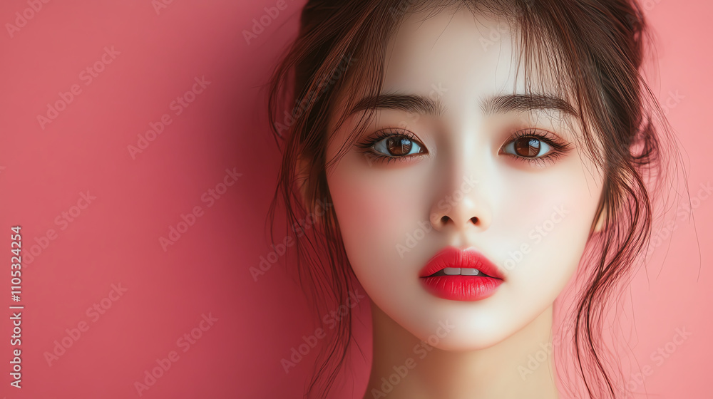 Portrait of a young woman against a pink background, showcasing natural beauty and elegance in soft lighting. Portrait of a young woman against a pink background, showcasing natural beauty and elegance in soft lighting.
