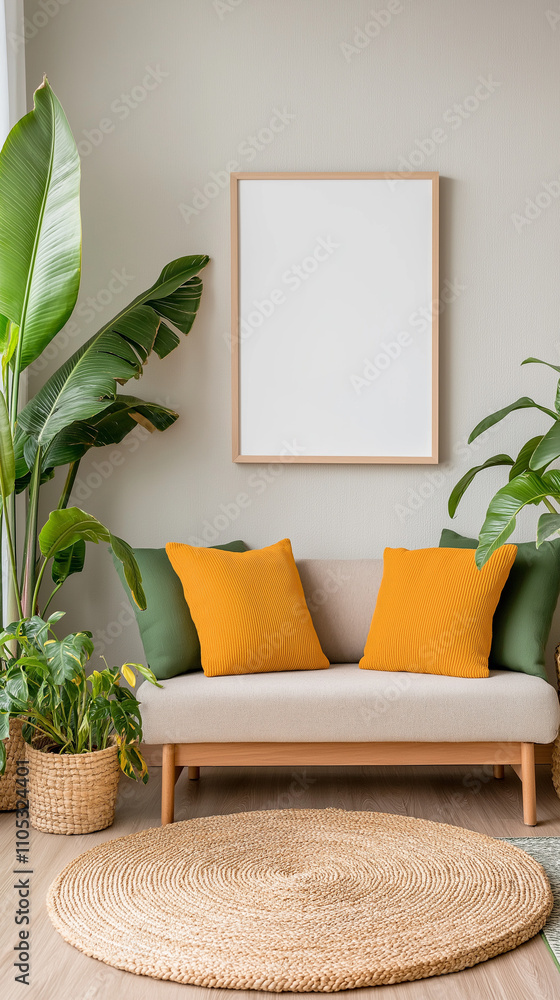 Minimalist living room with a blank white frame on a light gray wall, surrounded by potted plants and a cozy sofa Minimalist living room with a blank white frame on a light gray wall, surrounded by potted plants and a cozy sofa