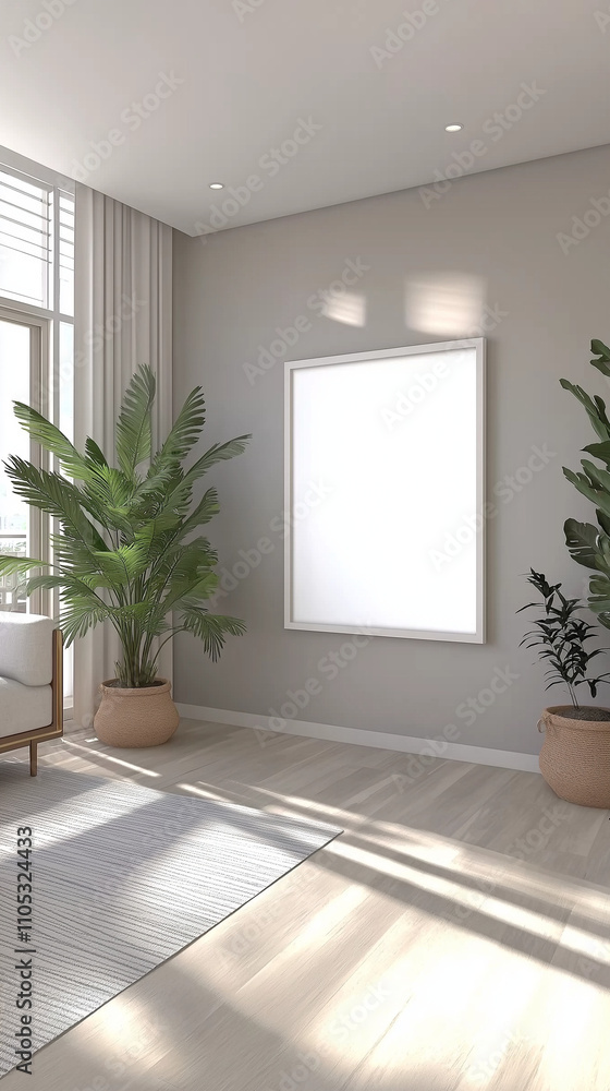 Minimalist living room with a blank white frame on a light gray wall, surrounded by potted plants and a cozy sofa Minimalist living room with a blank white frame on a light gray wall, surrounded by potted plants and a cozy sofa
