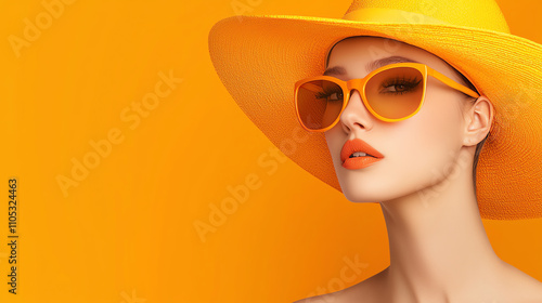 Stylish woman in vibrant orange hat and sunglasses posing confidently against matching orange background for a chic fashion statement.