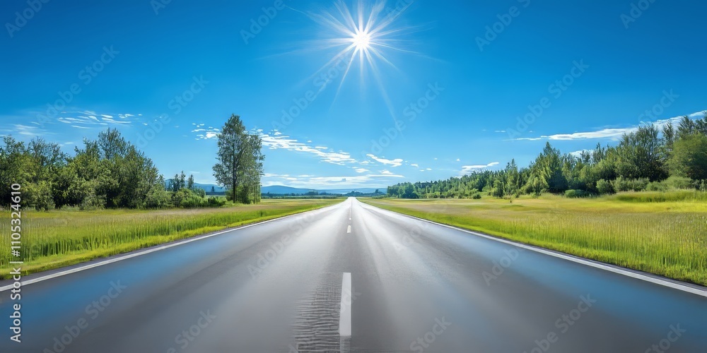 Obraz premium Sunny summer highway road scene featuring a clear blue sky, showcasing the beauty of the highway road during the vibrant summer season, perfect for capturing the essence of summer travels.