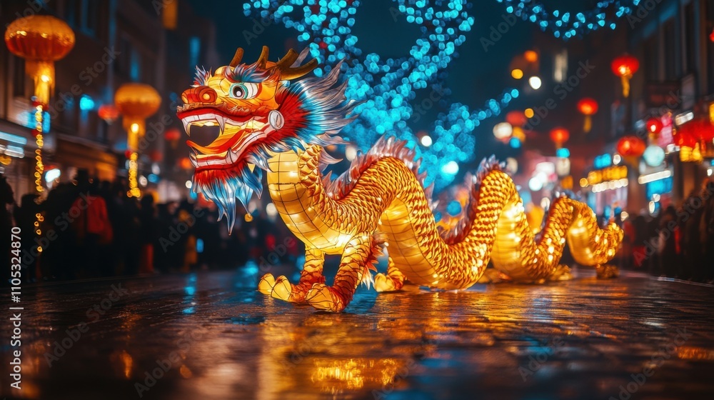 Fototapeta premium Lantern-lit dragon procession on urban street