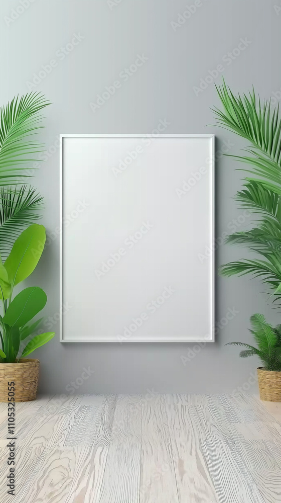 Minimalist living room with a blank white frame on a light gray wall, surrounded by potted plants and a cozy sofa Minimalist living room with a blank white frame on a light gray wall, surrounded by potted plants and a cozy sofa