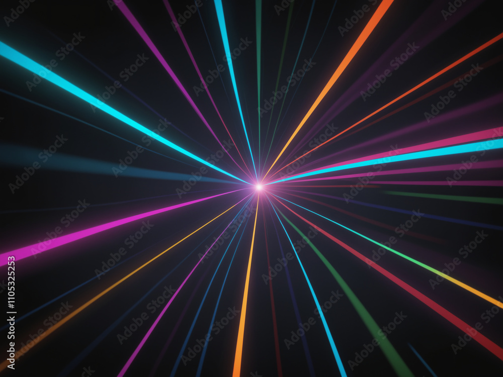 Colorful laser beams converging into bright light on black background Colorful laser beams converging into bright light on black background