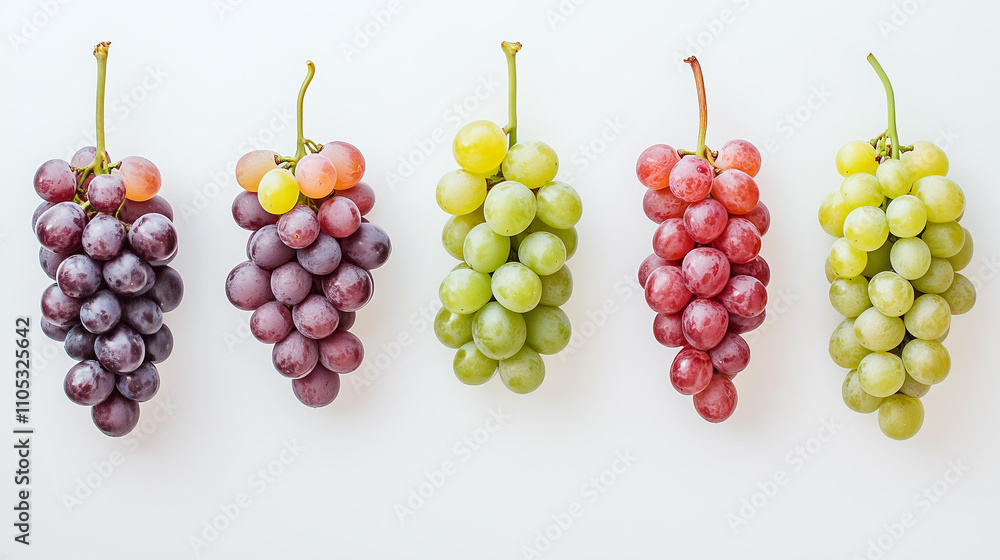 Sprig of Purple, Green, and Red Grapes on White Table Sprig of Purple, Green, and Red Grapes on White Table