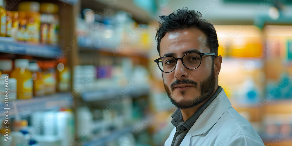 A Pharmacist in a Pharmacy, Confidently Gazing at the Camera, with Shelves of Medications Blurred in the Background A Pharmacist in a Pharmacy, Confidently Gazing at the Camera, with Shelves of Medications Blurred in the Background